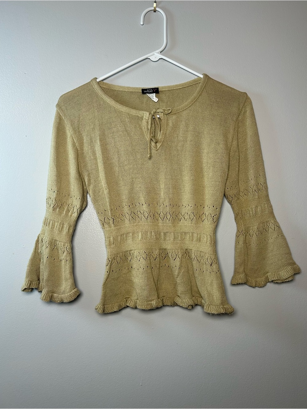 Say What Tan Peplum Knit Top with Tie Neck Witchy Boho Hippie Ruffle Bell Sleeve